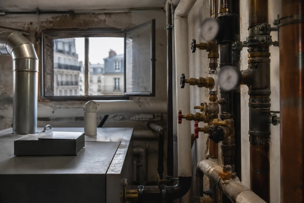 Colonne de chauffage traversant les étages d’un immeuble parisien avec vannes d’équilibrage