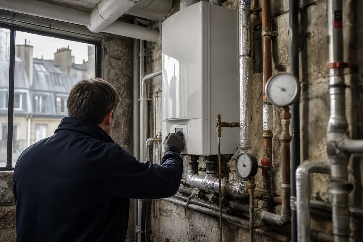 Technicien contrôlant une chaudière murale dans un local technique d’immeuble