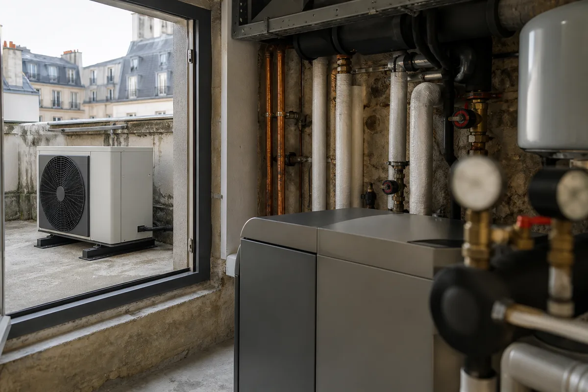 Groupe extérieur de climatisation réversible posé en cour intérieure d&rsquo;immeuble