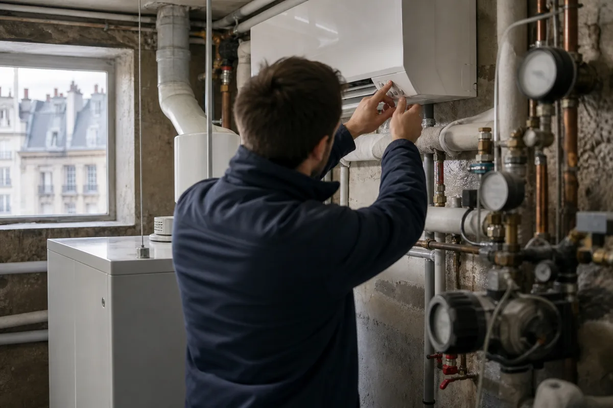 Technicien réglant les paramètres d&rsquo;une unité intérieure de climatisation réversible