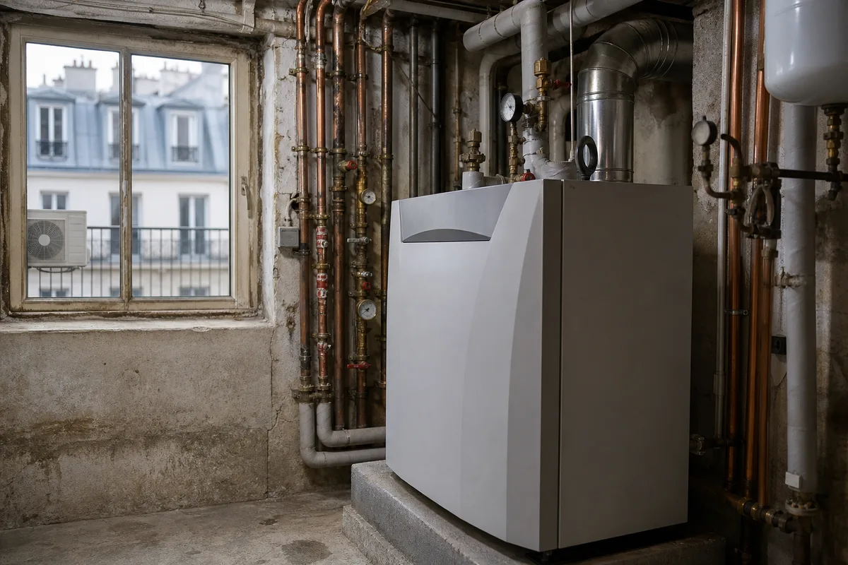 Unité extérieure de climatisation fixée sur un balcon d&rsquo;immeuble parisien