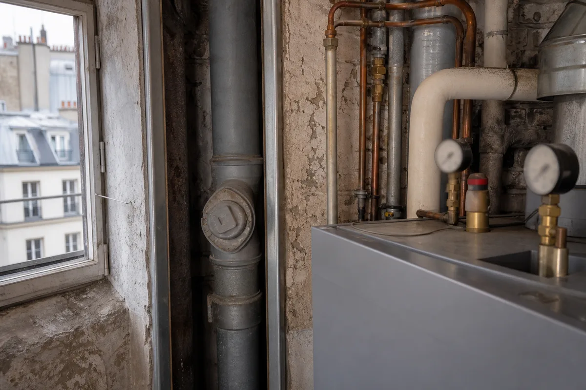 Chute verticale d&rsquo;évacuation dans une gaine technique d&rsquo;immeuble avec tampon de visite