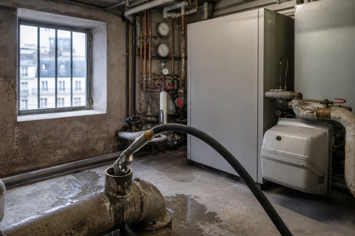 Intervention d&rsquo;hydrocurage sur un collecteur en pied d&rsquo;immeuble