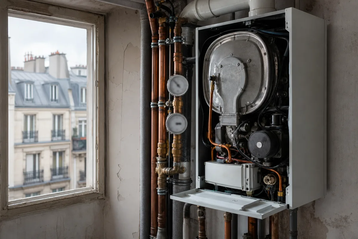 Chaudière gaz murale ouverte lors d&rsquo;une visite d&rsquo;entretien dans un appartement