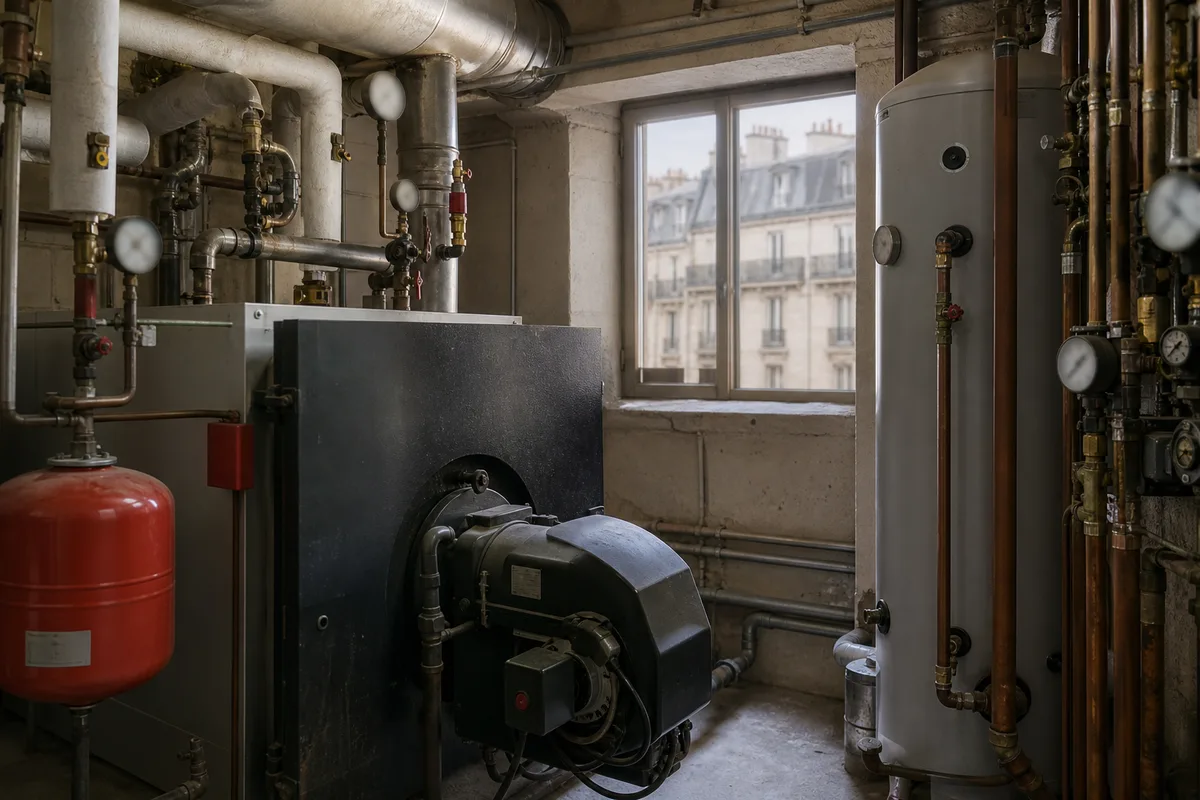 Chaufferie collective d&rsquo;immeuble avec brûleurs, ballons et vannes de régulation