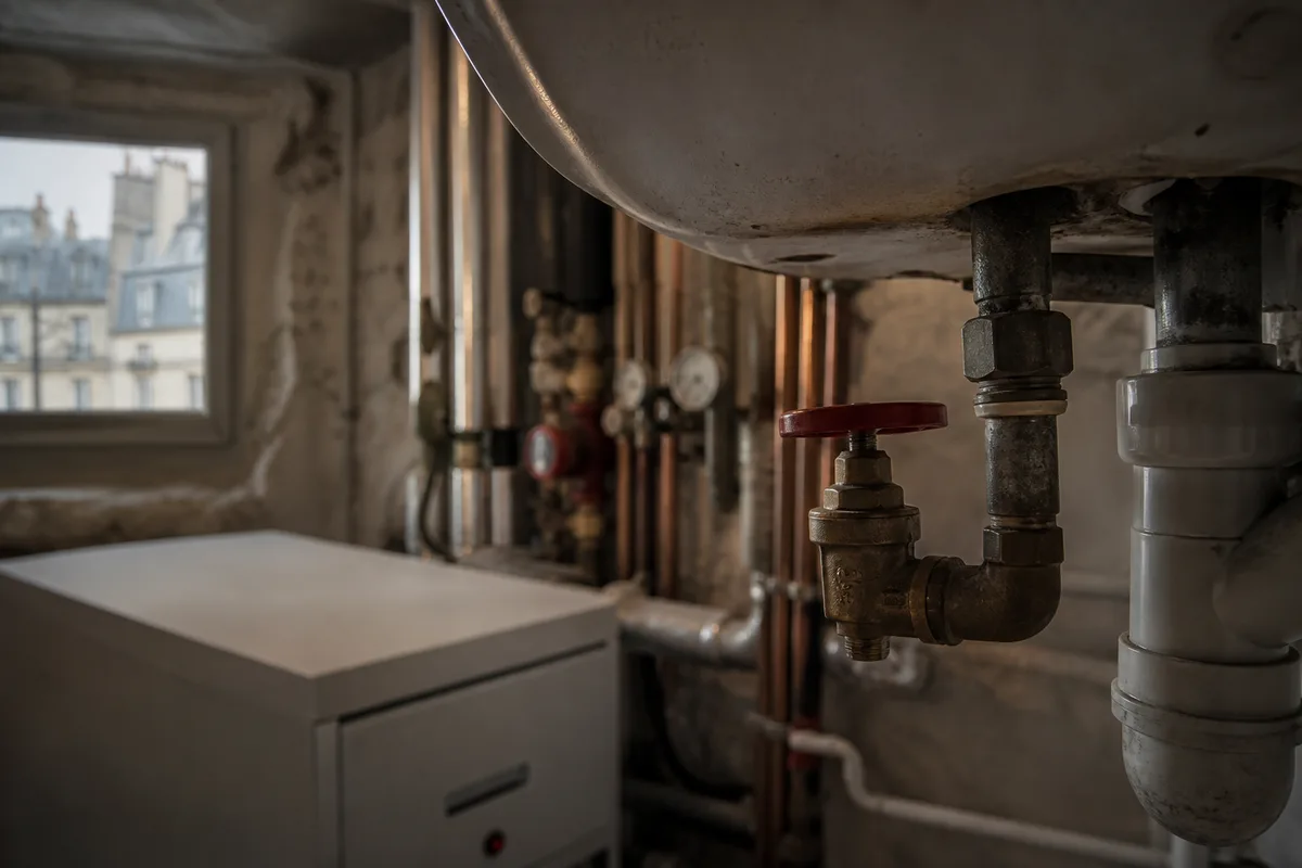 Vanne d’arrêt d’eau fermée sous un évier d’appartement