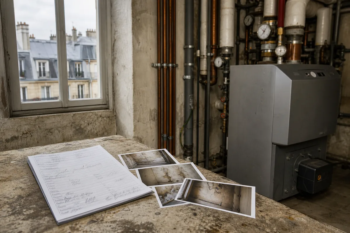 Constat de dégât des eaux rempli sur une table avec photographies du sinistre