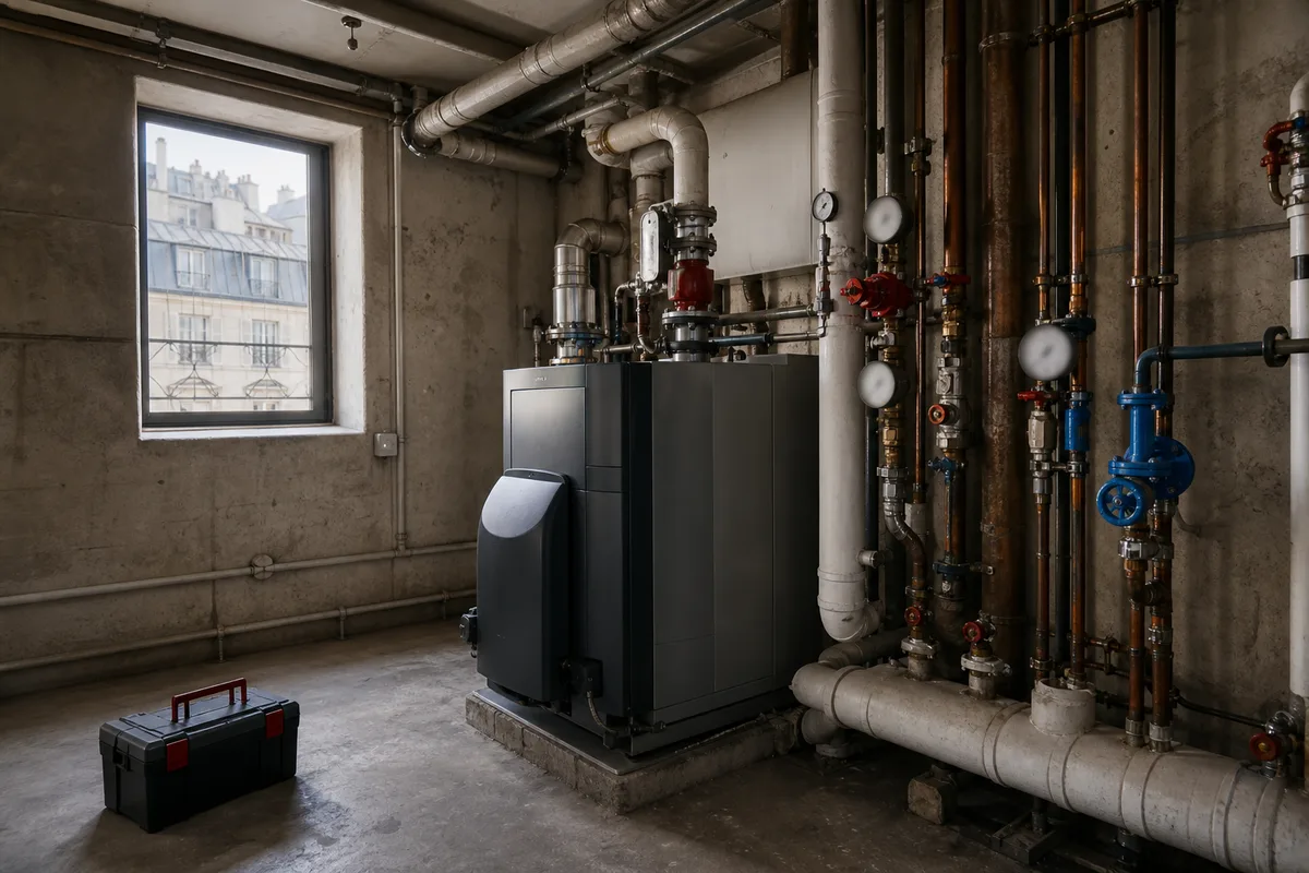 Chaufferie en sous-sol d'un immeuble parisien, colonnes montantes à brides le long du mur